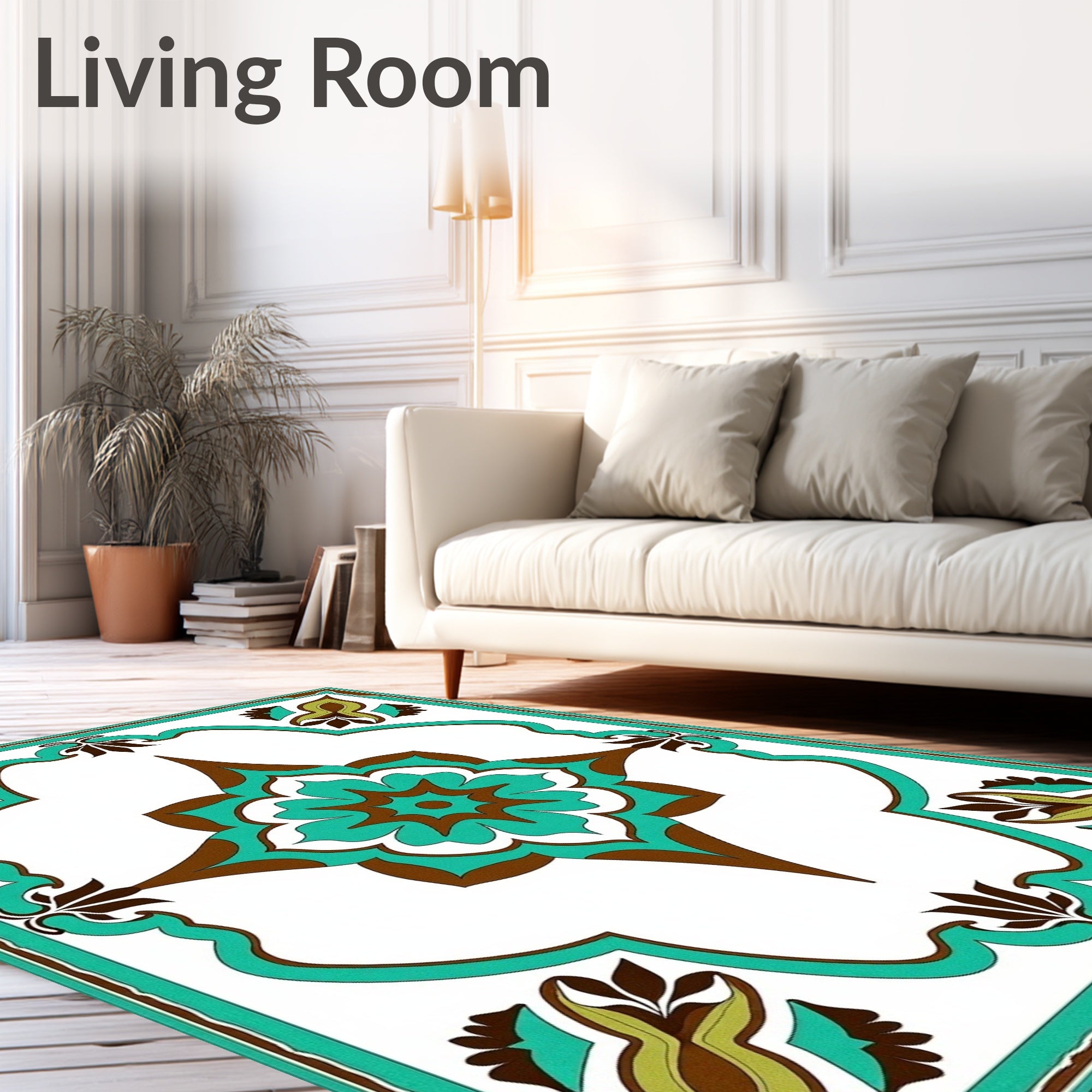 Turquoise Brown Floral Arabesque Frame Rug