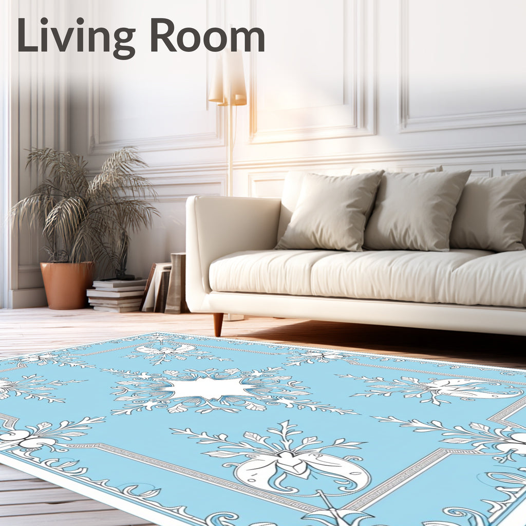Pale Blue White Floral Scroll Surround Rug