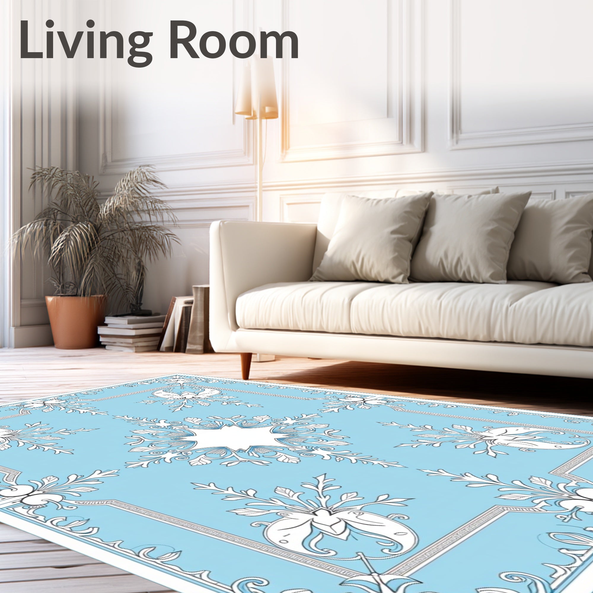 Pale Blue White Floral Scroll Surround Rug