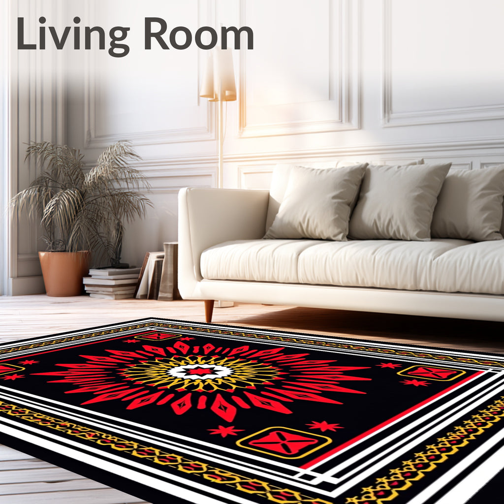Vibrant Red Sunburst Geometric Border Rug