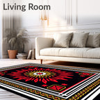 Vibrant Red Sunburst Geometric Border Rug