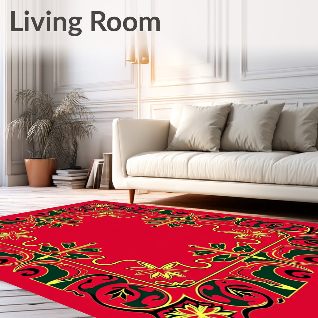 Crimson Floral Green Swirl Border Rug