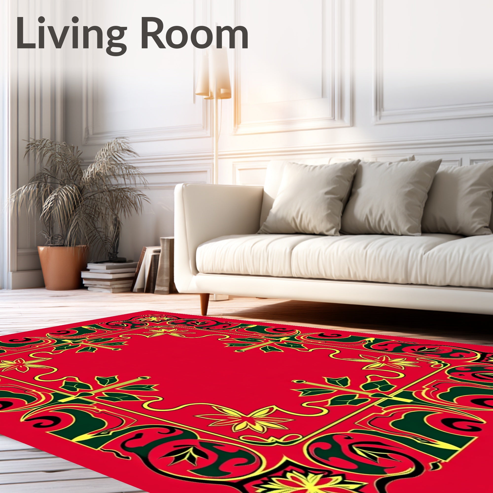 Crimson Floral Green Swirl Border Rug