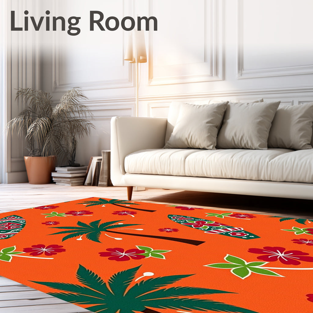 Orange Tropical Palm Surfboard Hibiscus Rug