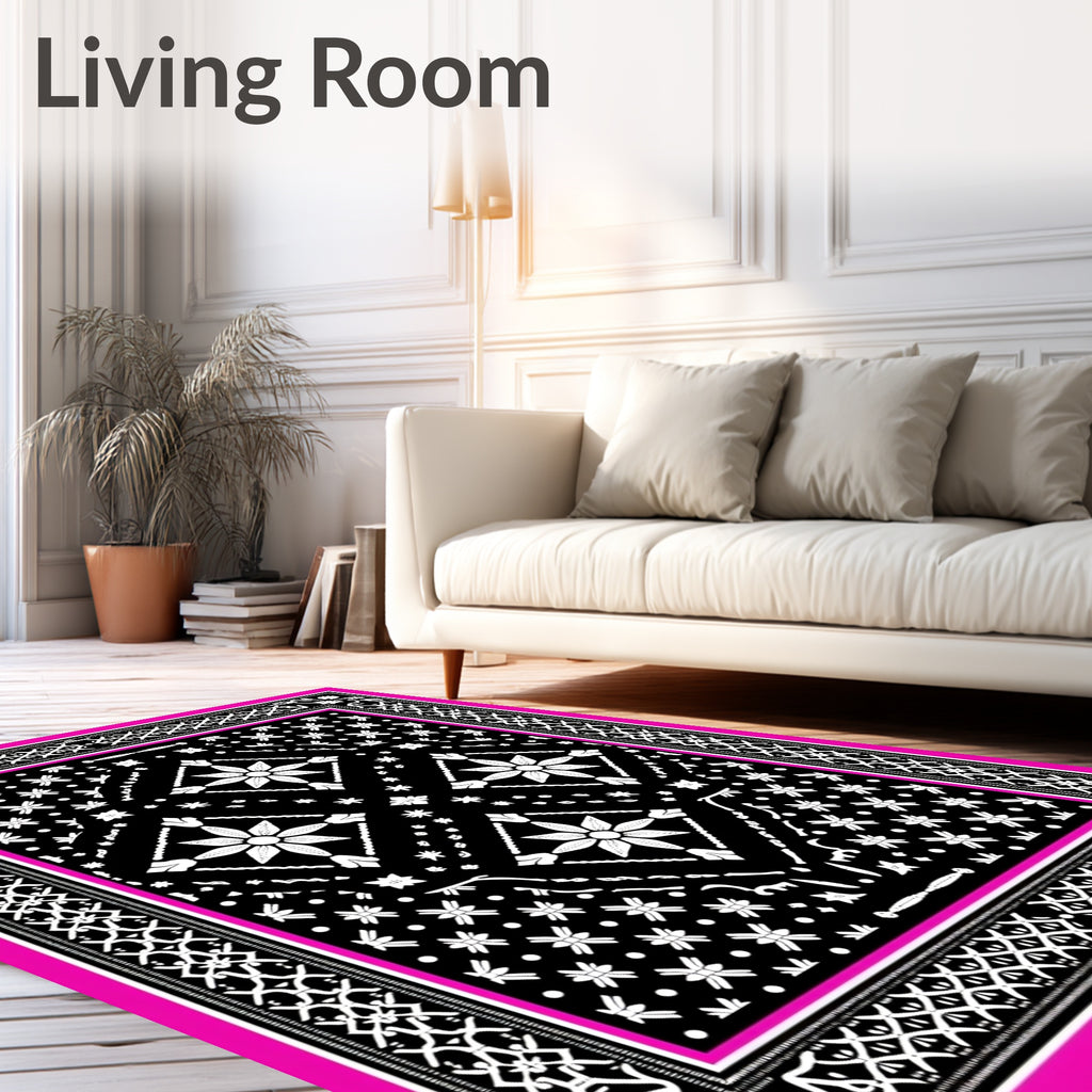 Black White Floral Diamond Border Rug