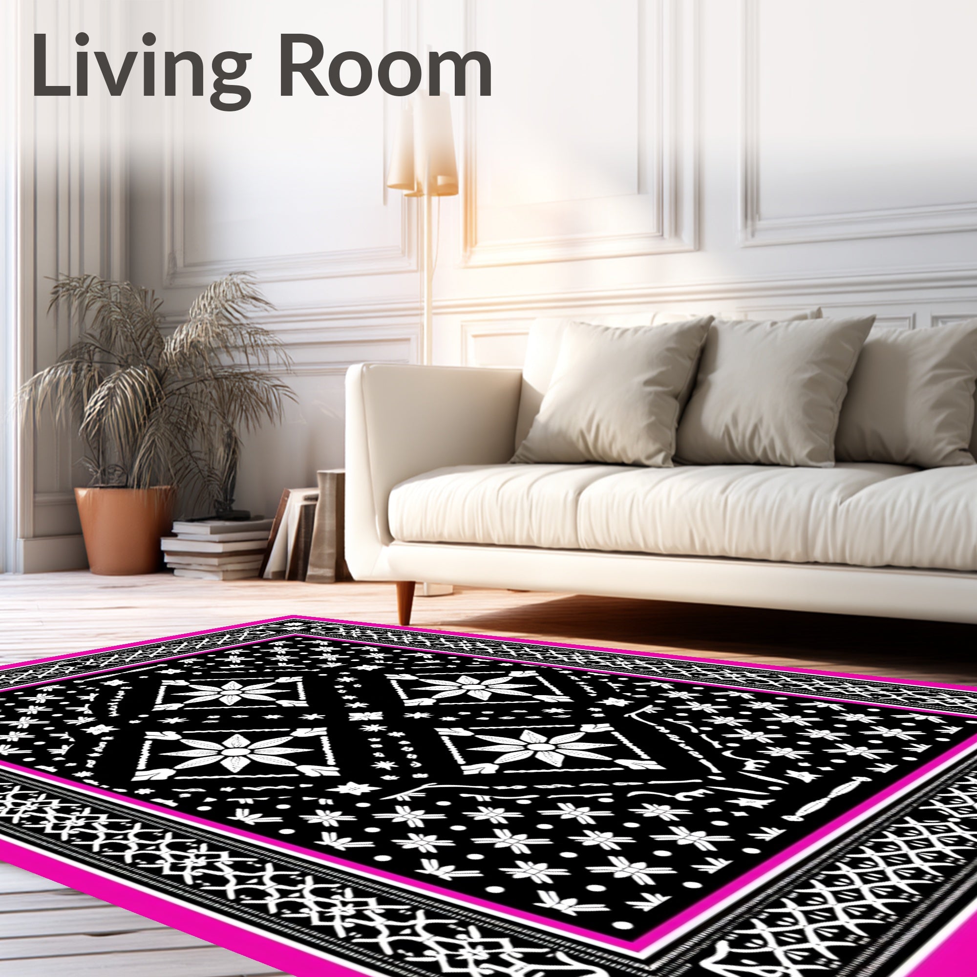 Black White Floral Diamond Border Rug