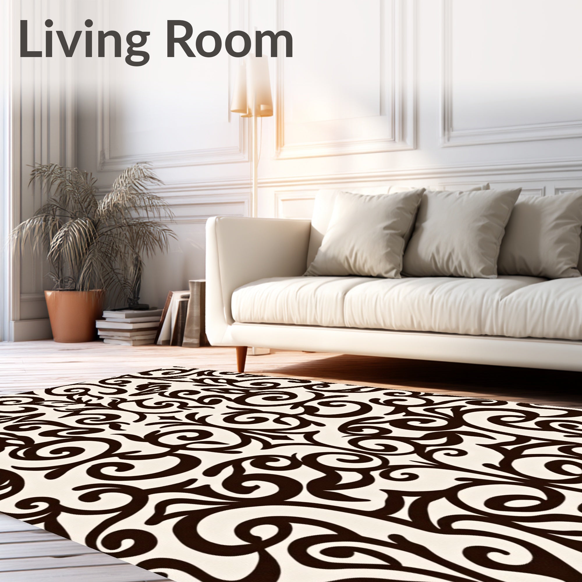 Dark Brown Colonial Scrollwork Ivory Rug