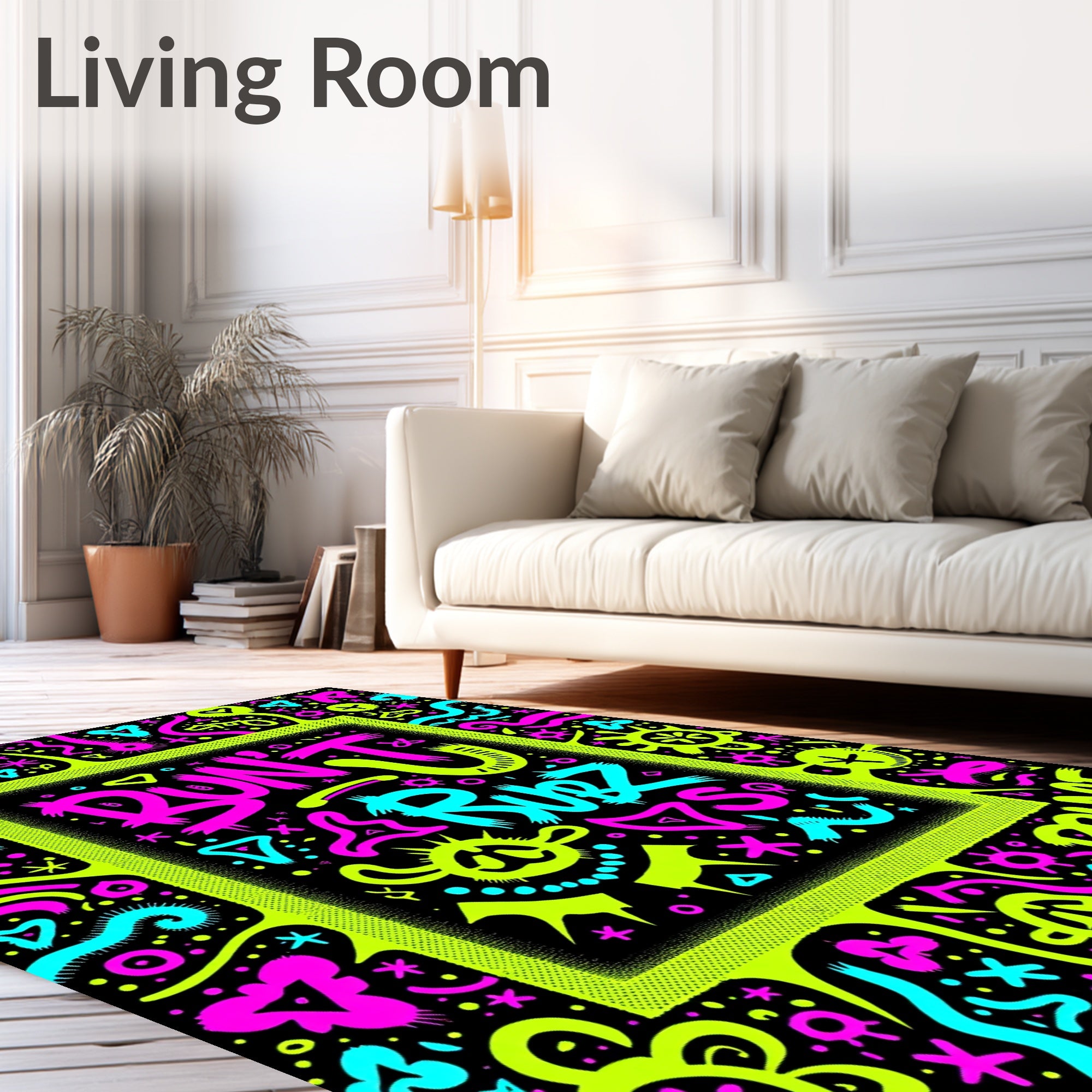 Vibrant Neon Abstract Graffiti Character Rug