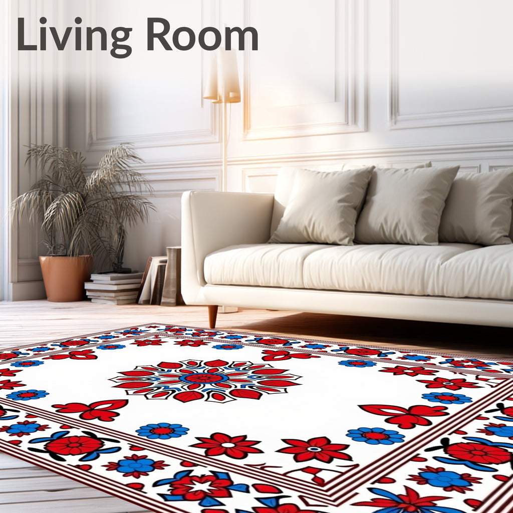 Red Blue Floral Garden medallion Rug