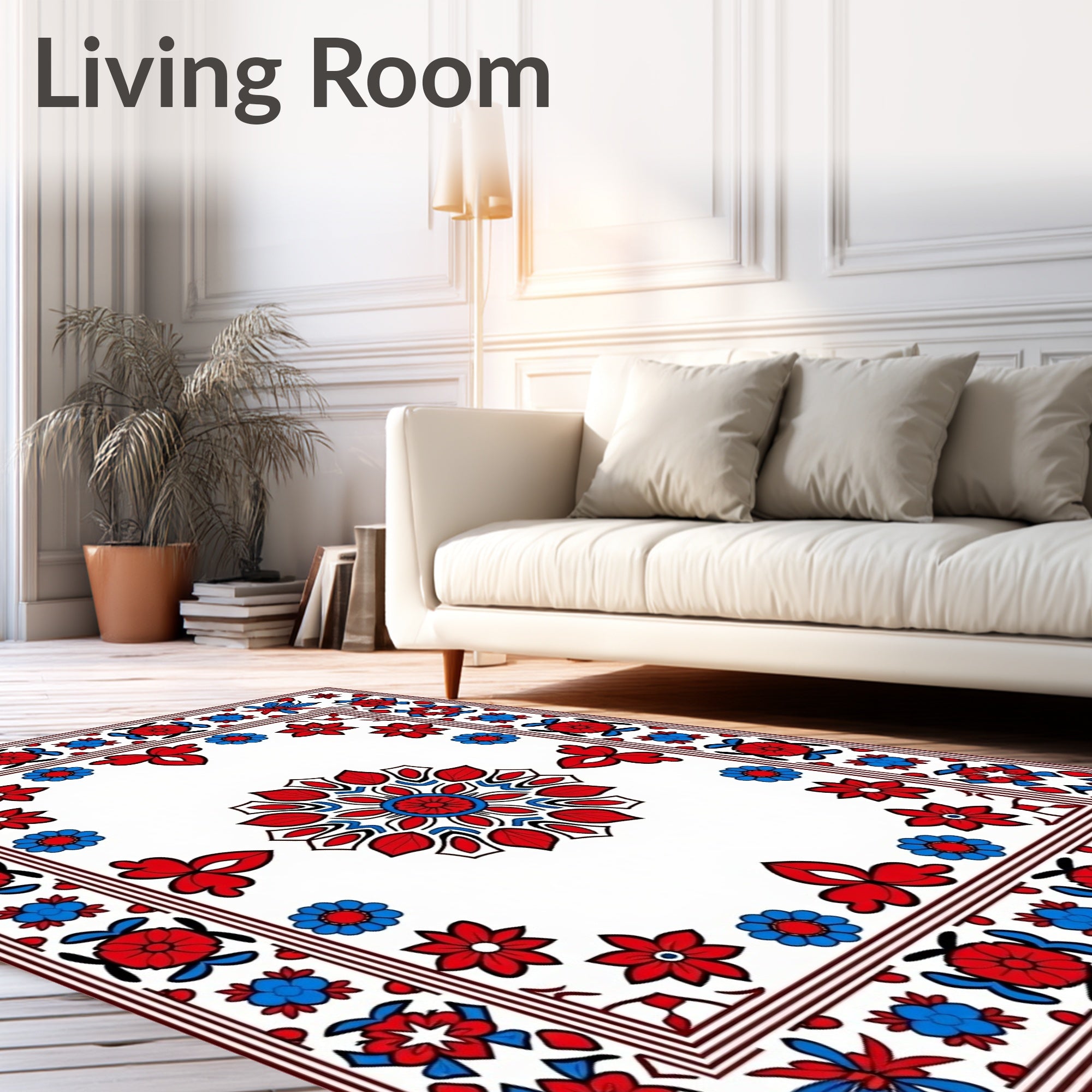 Red Blue Floral Garden medallion Rug