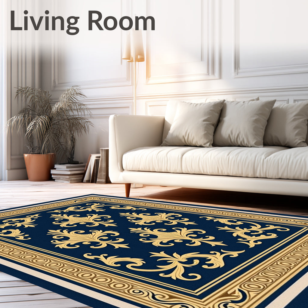 Deep Blue Gold Floral Frame Rug