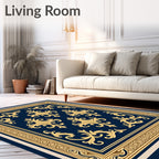Deep Blue Gold Floral Frame Rug