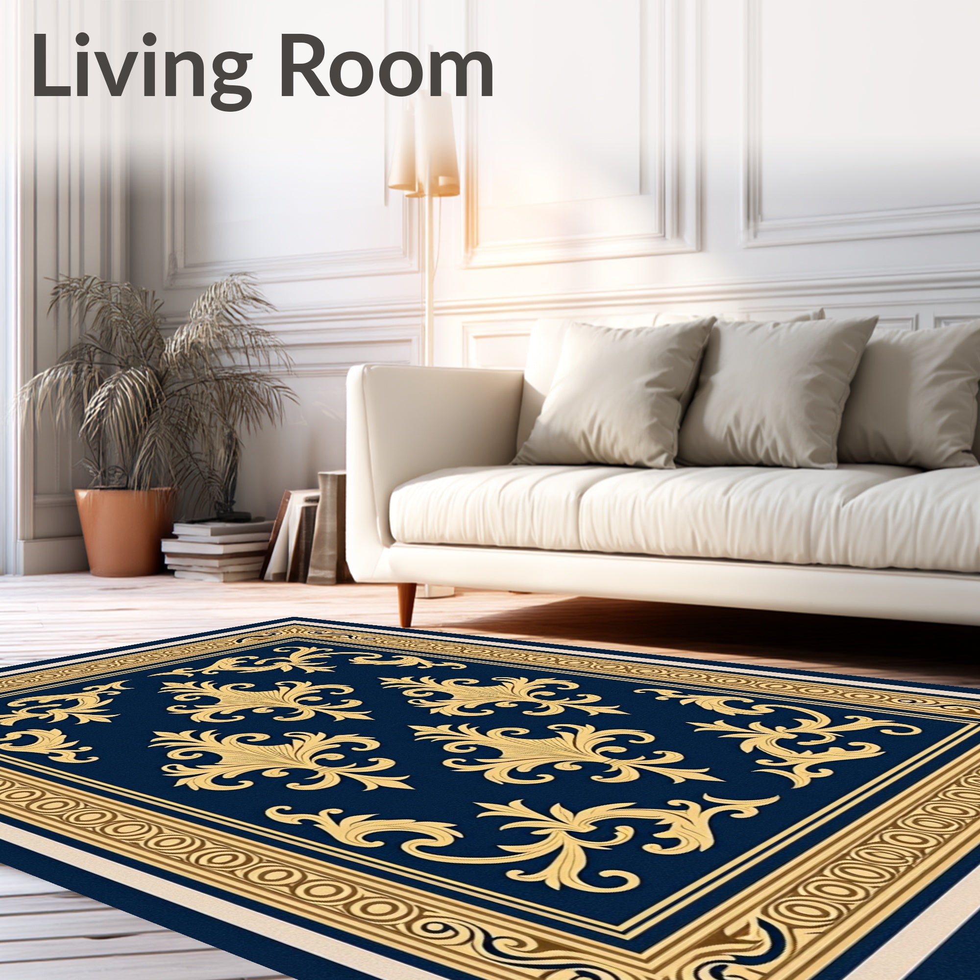 Deep Blue Gold Floral Frame Rug