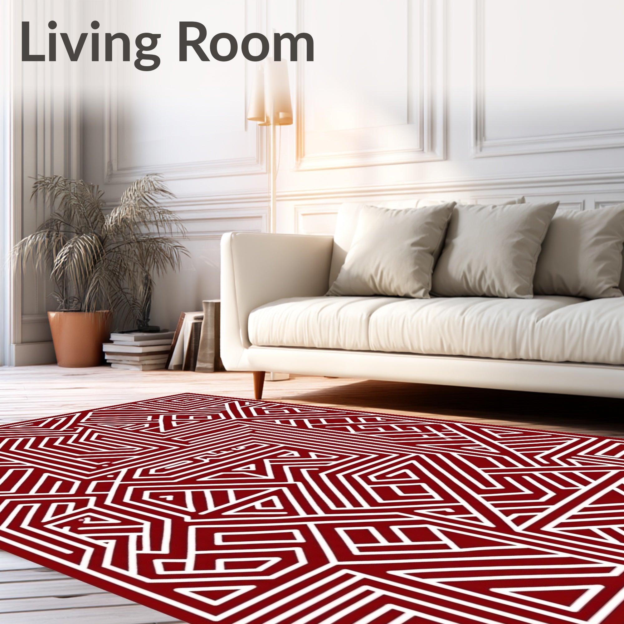 Deep Red Abstract Geometric Maze Rug
