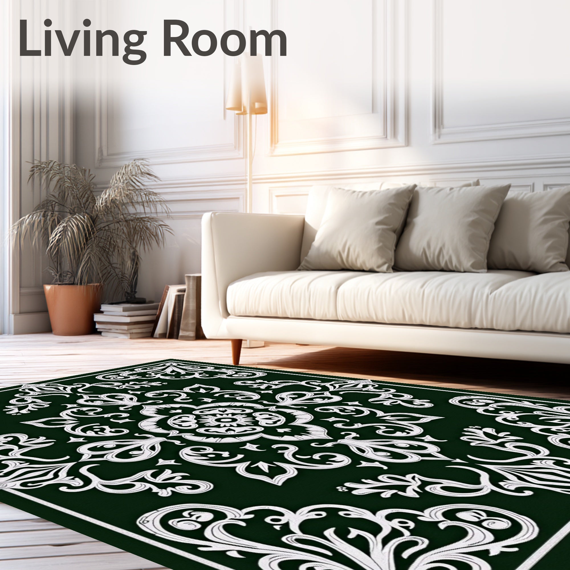 Dark Emerald White Classical Scrollwork Rug