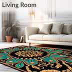 Teal Ochre Floral Butterfly Mandala Rug