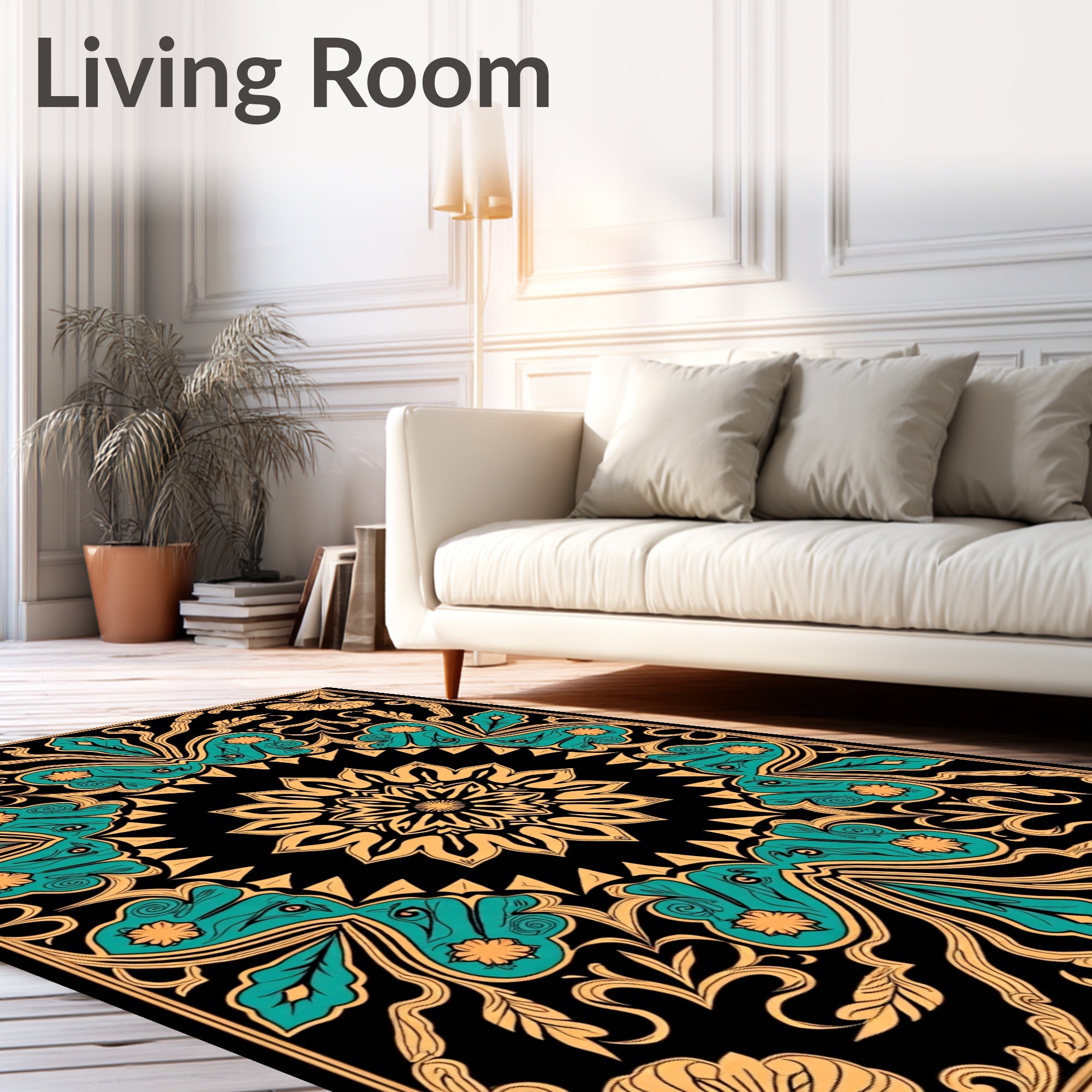 Teal Ochre Floral Butterfly Mandala Rug