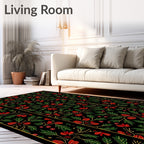 Crimson Floral Vine on Black Background Rug