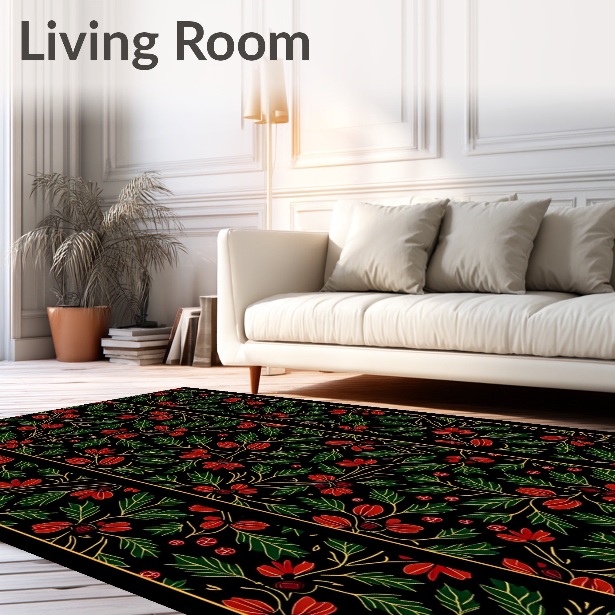 Crimson Floral Vine on Black Background Rug