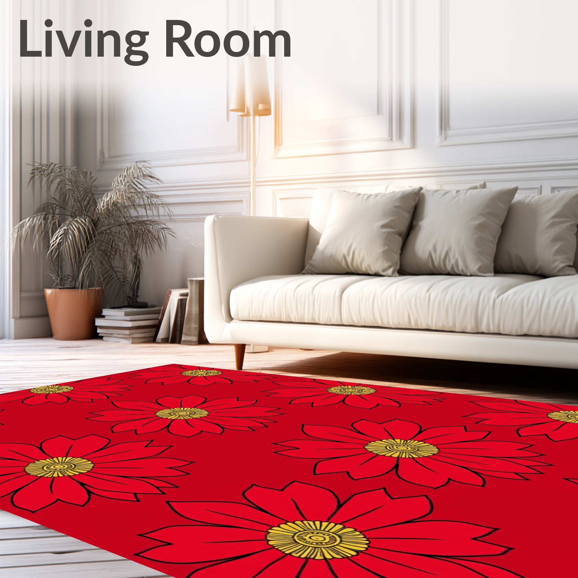 Vibrant Red Yellow Floral Blossom Rug