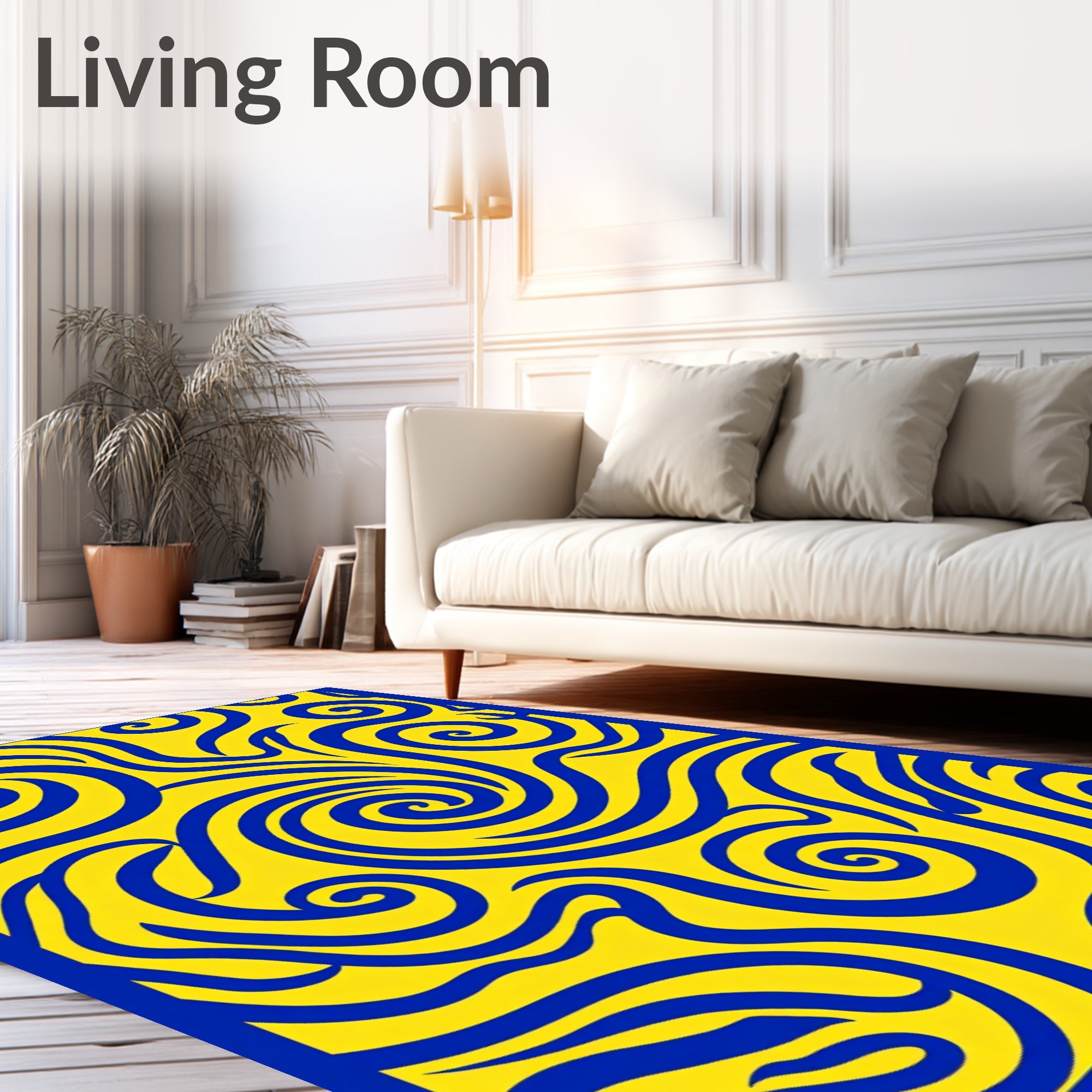 Bold Cobalt Swirls Yellow Rug