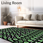 Black Lime Green Detailed Leaf Geometric Rug