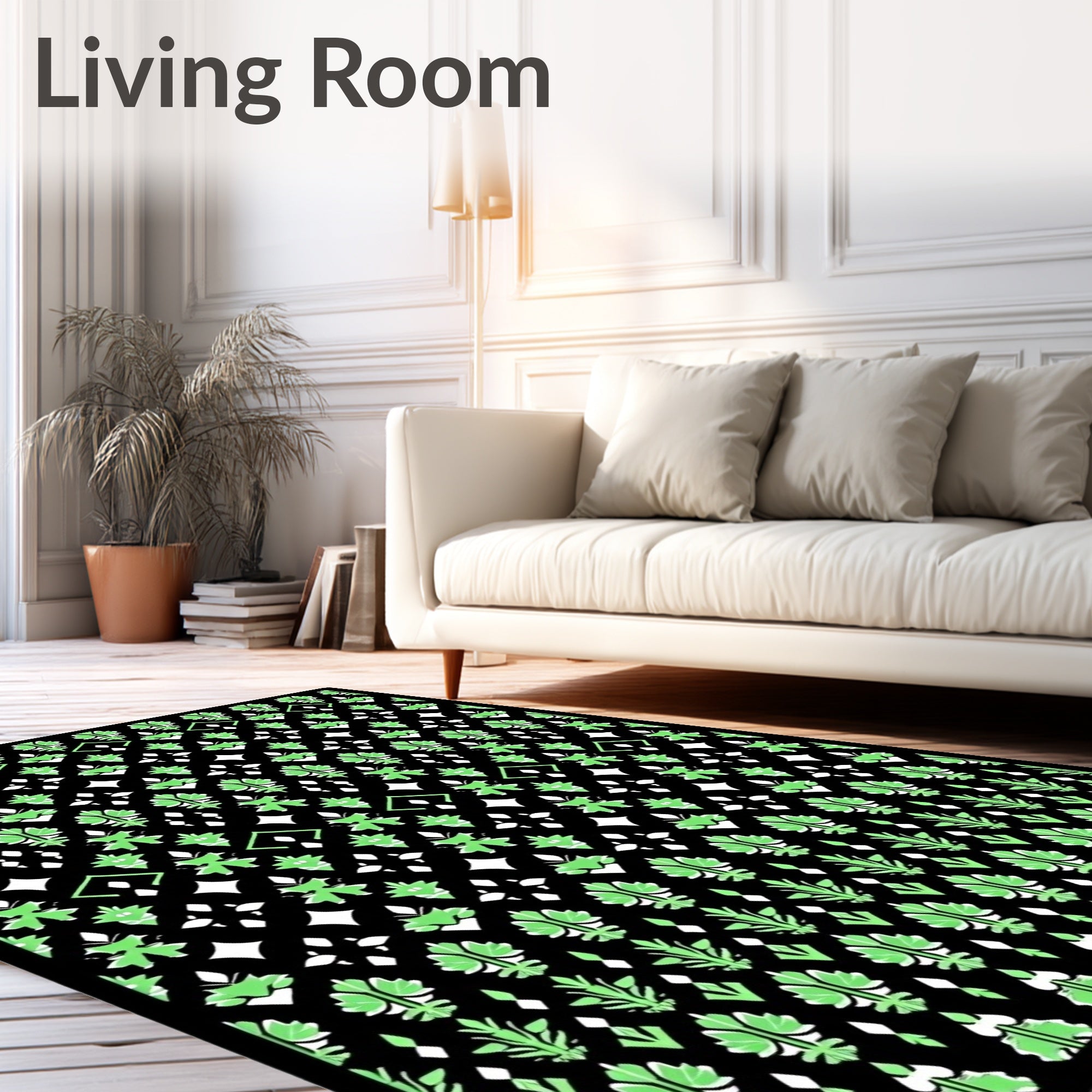 Black Lime Green Detailed Leaf Geometric Rug