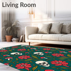 Dark Teal Skull Mushroom Floral Arrangement Rug