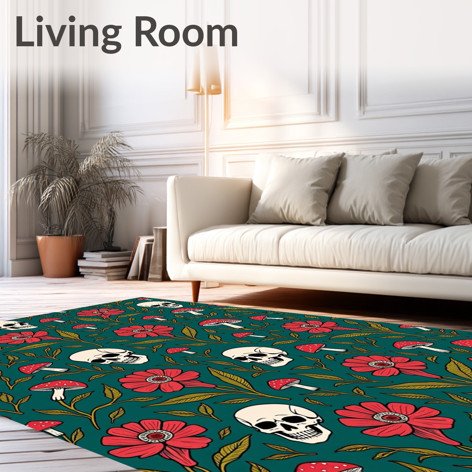 Dark Teal Skull Mushroom Floral Arrangement Rug