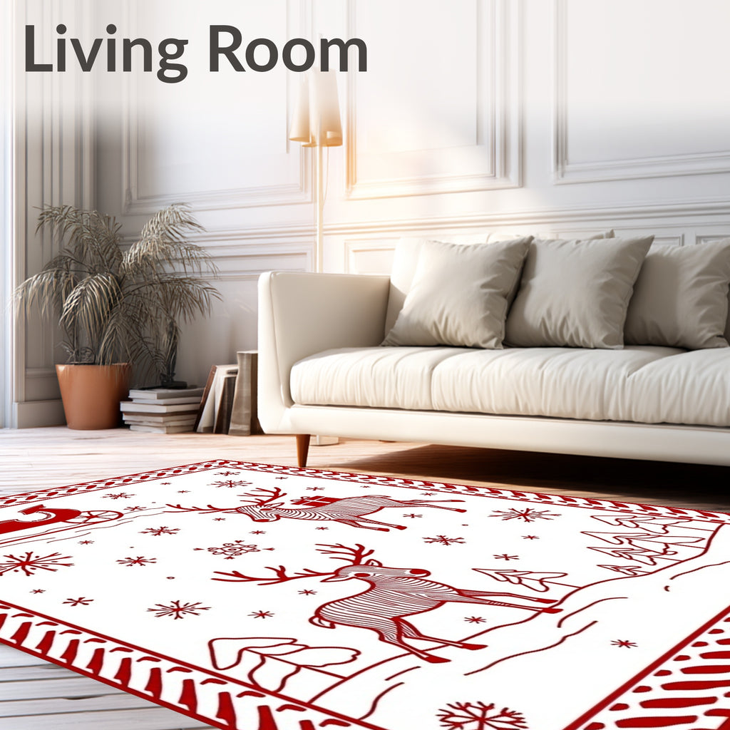 Red Festive Reindeer Sleigh Snowflakes Christmas Rug