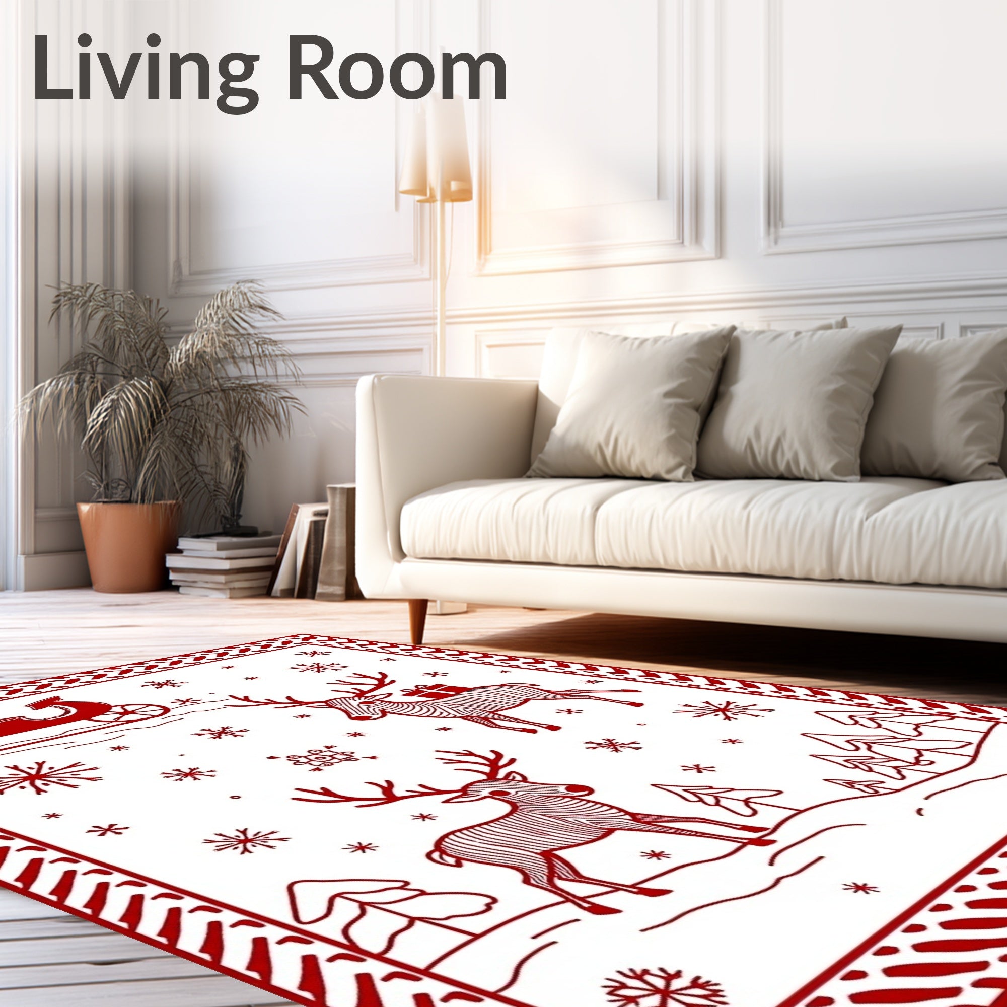 Red Festive Reindeer Sleigh Snowflakes Christmas Rug