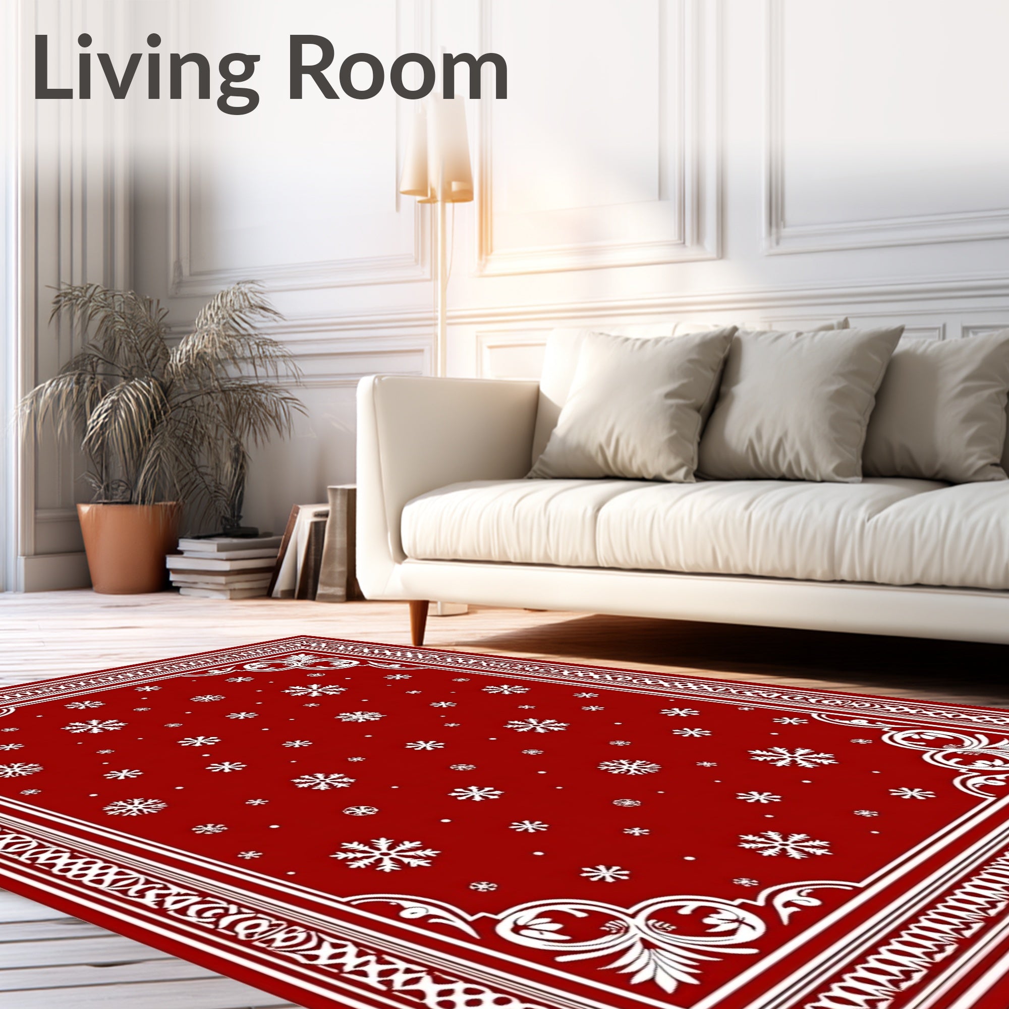 Crimson Snowfall Ornate Border Rug