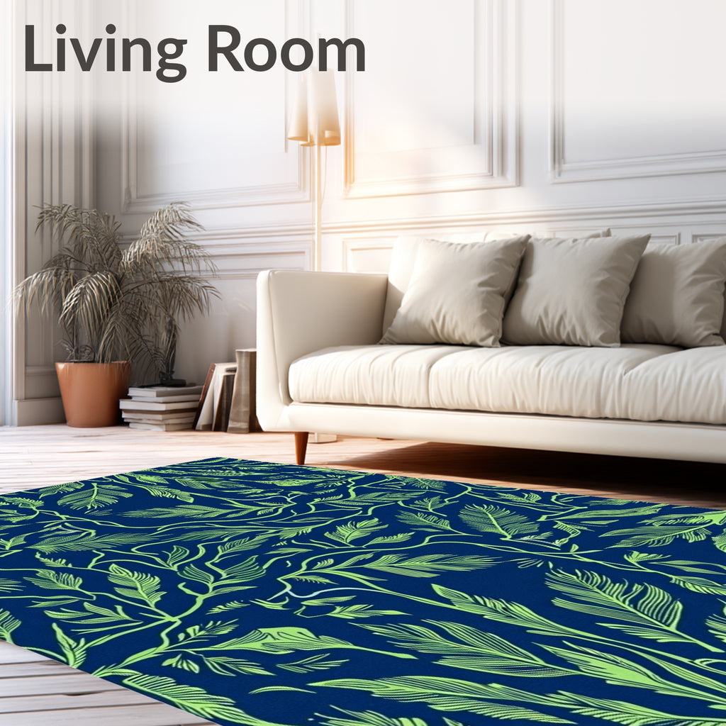 Navy Lime Green Leafy Vine Mural Rug