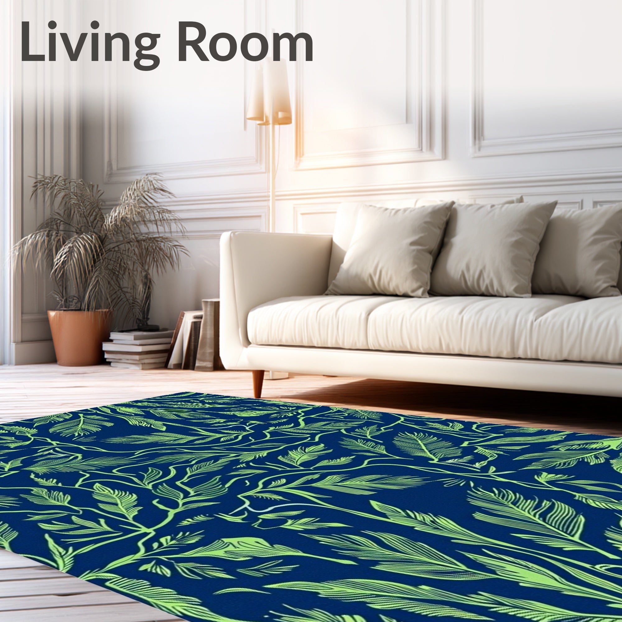 Navy Lime Green Leafy Vine Mural Rug