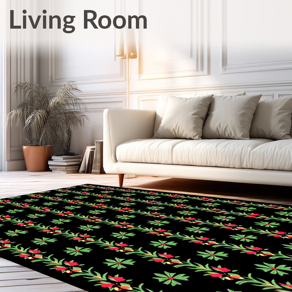 Crimson Vine Floral Starbursts Black Rug