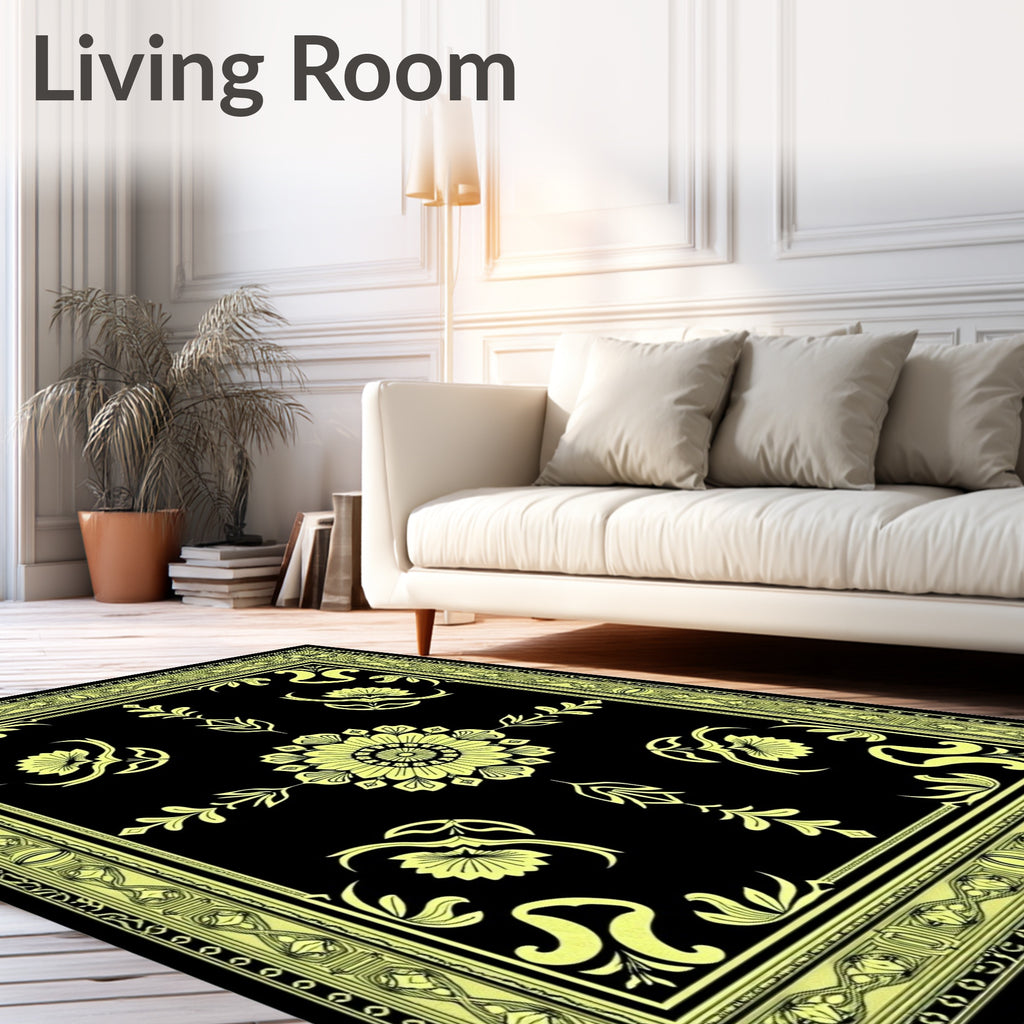 Black Yellow Floral Medallion Border Rug