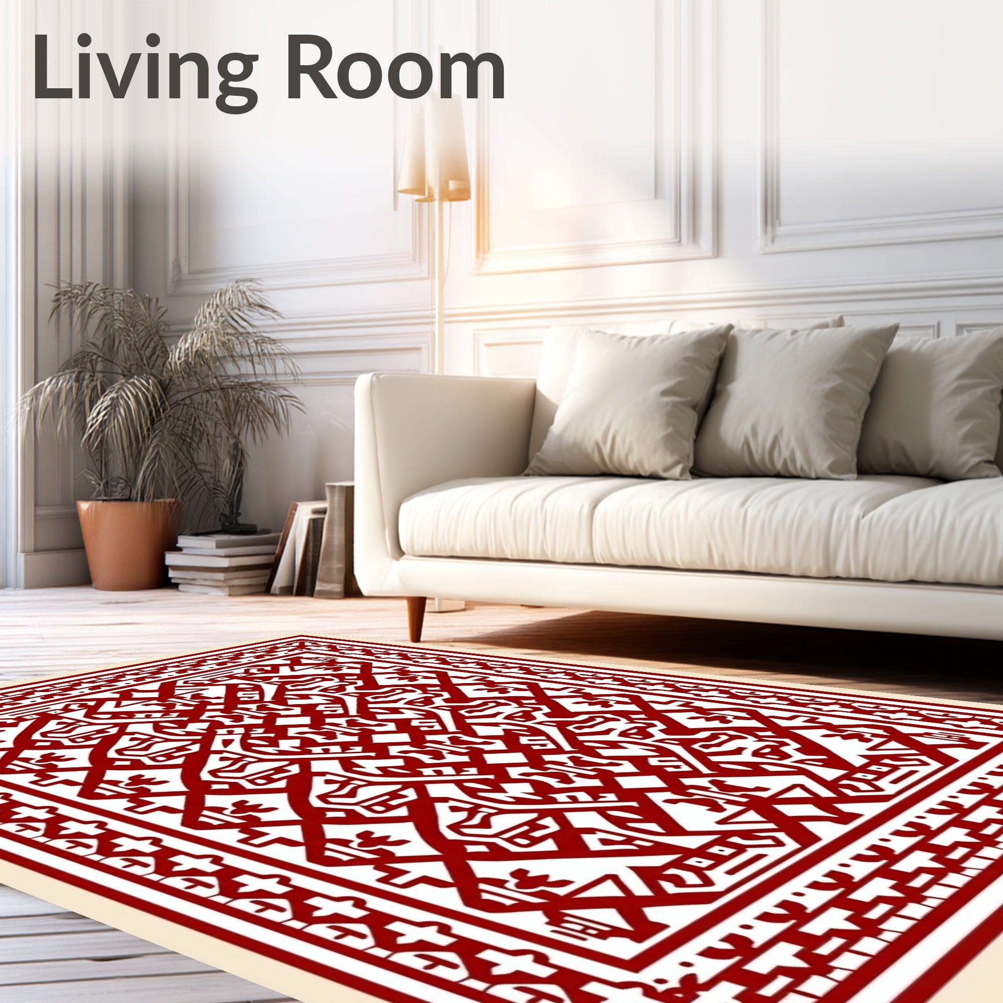 Crimson Red Geometric Animal Motif Rug