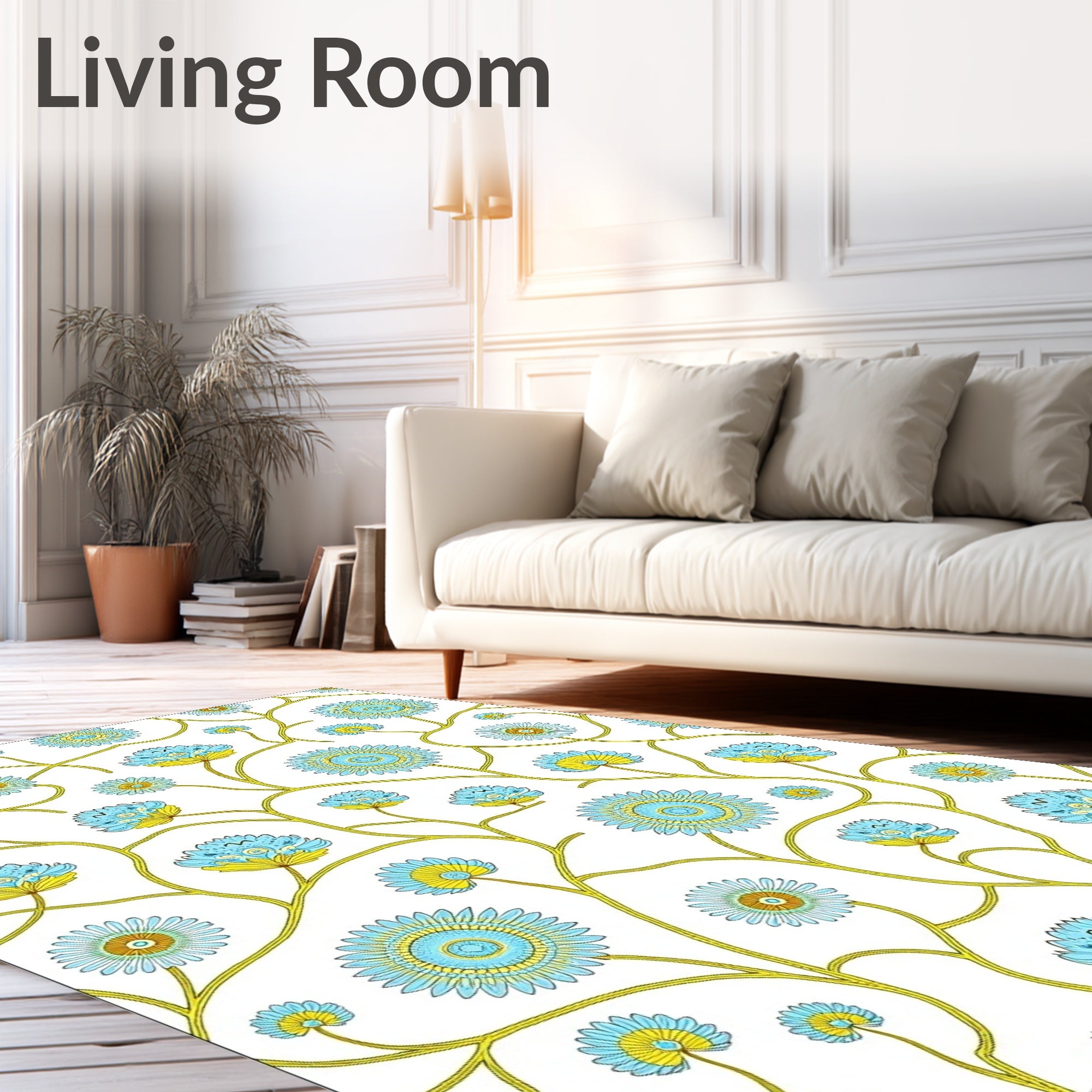 Turquoise Blue Floral Vine Medallion Rug