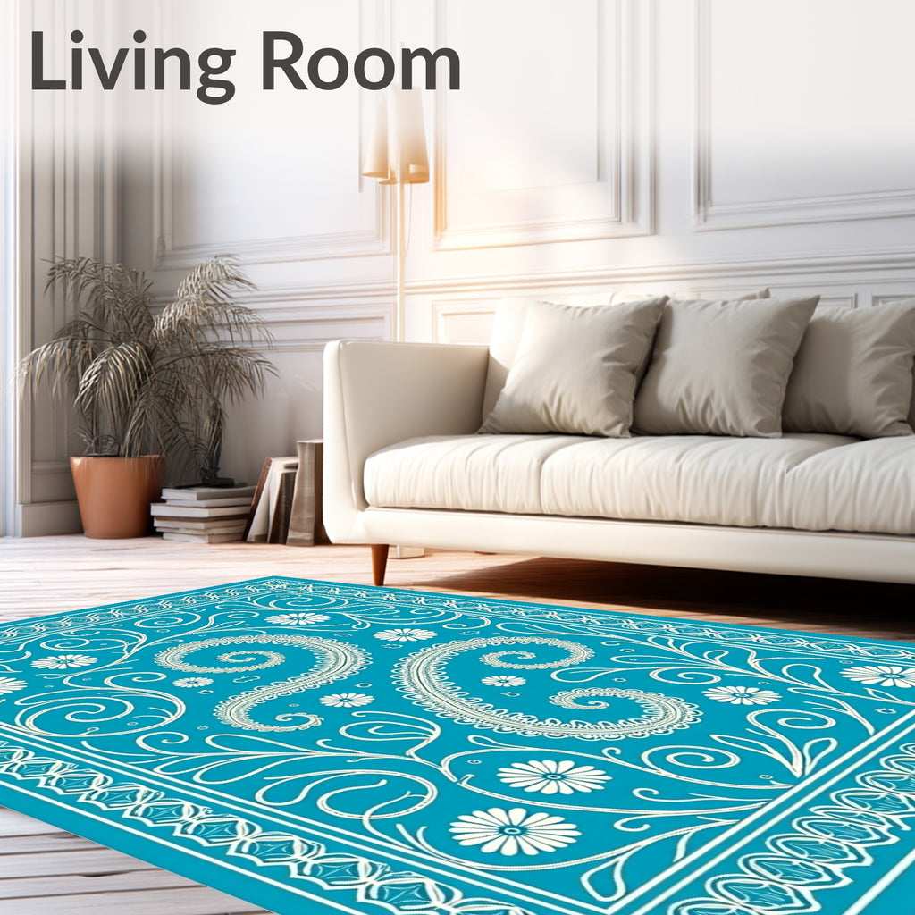 Turquoise White Paisley Floral Swirl Rug