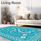 Turquoise White Paisley Floral Swirl Rug