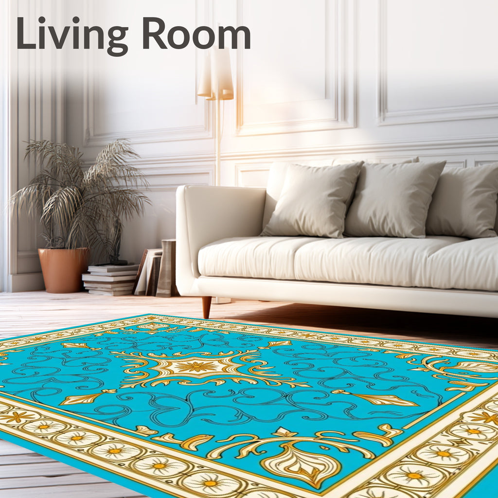 Turquoise Gold Floral Medallion Border Rug