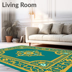 Turquoise Gold Floral Medallion Border Rug