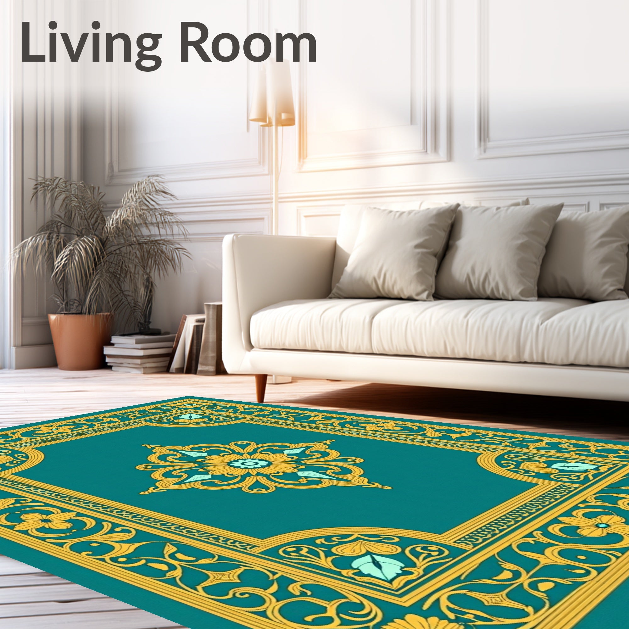Turquoise Gold Floral Medallion Border Rug