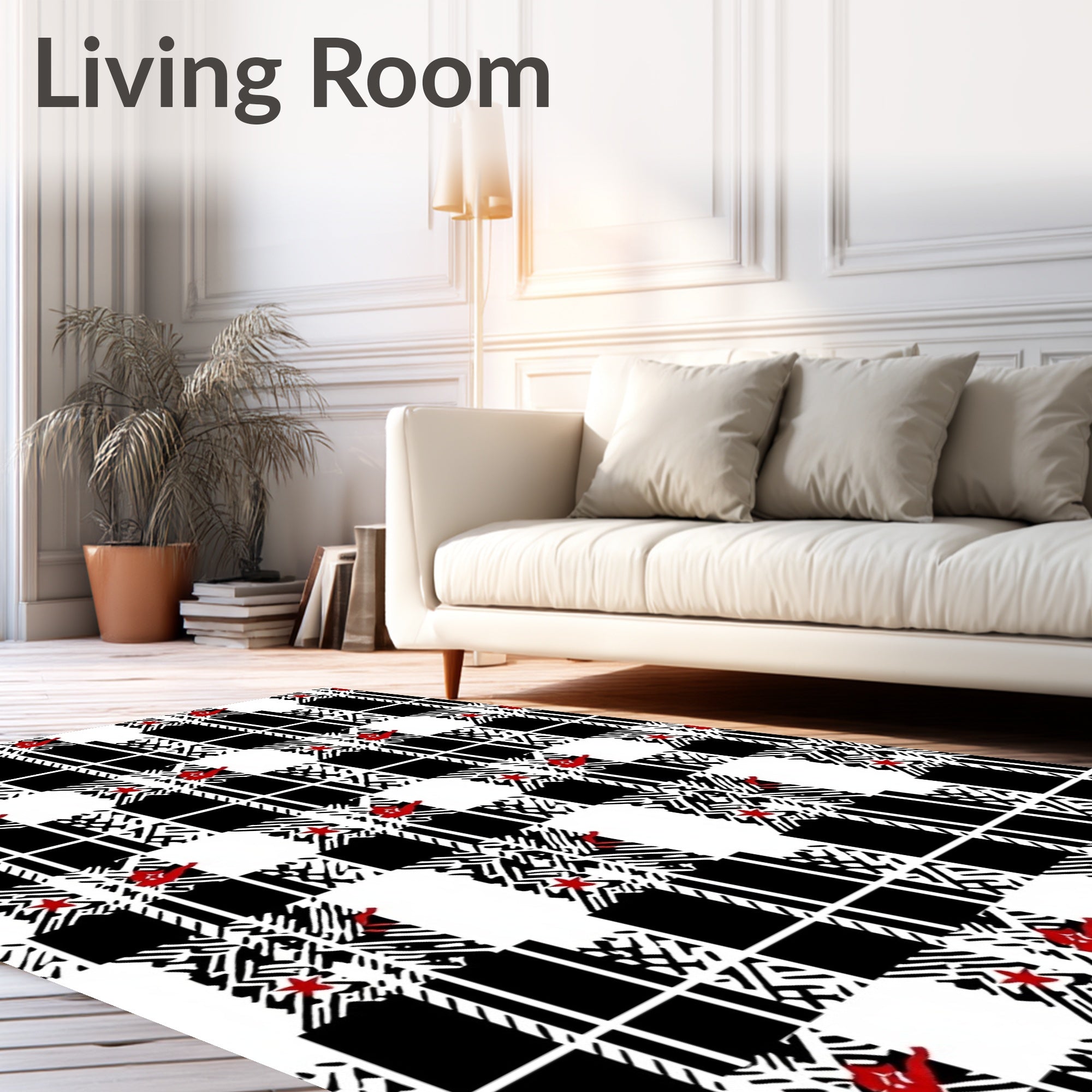 Black White Red Star Plaid Rug