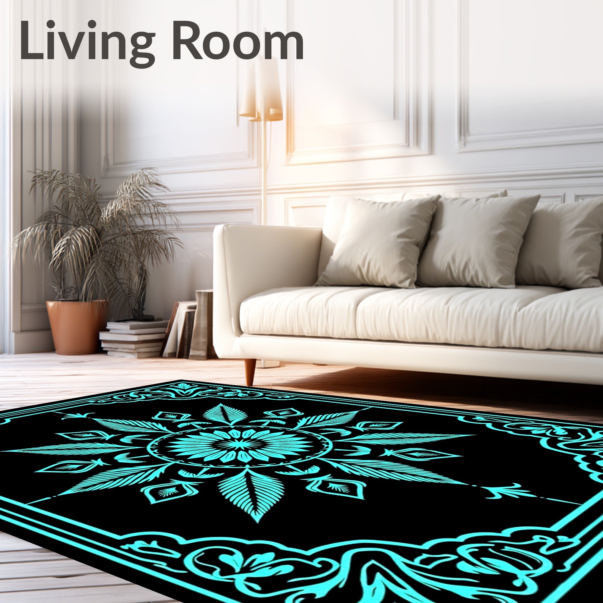 Turquoise Mandala Floral Frame Rug
