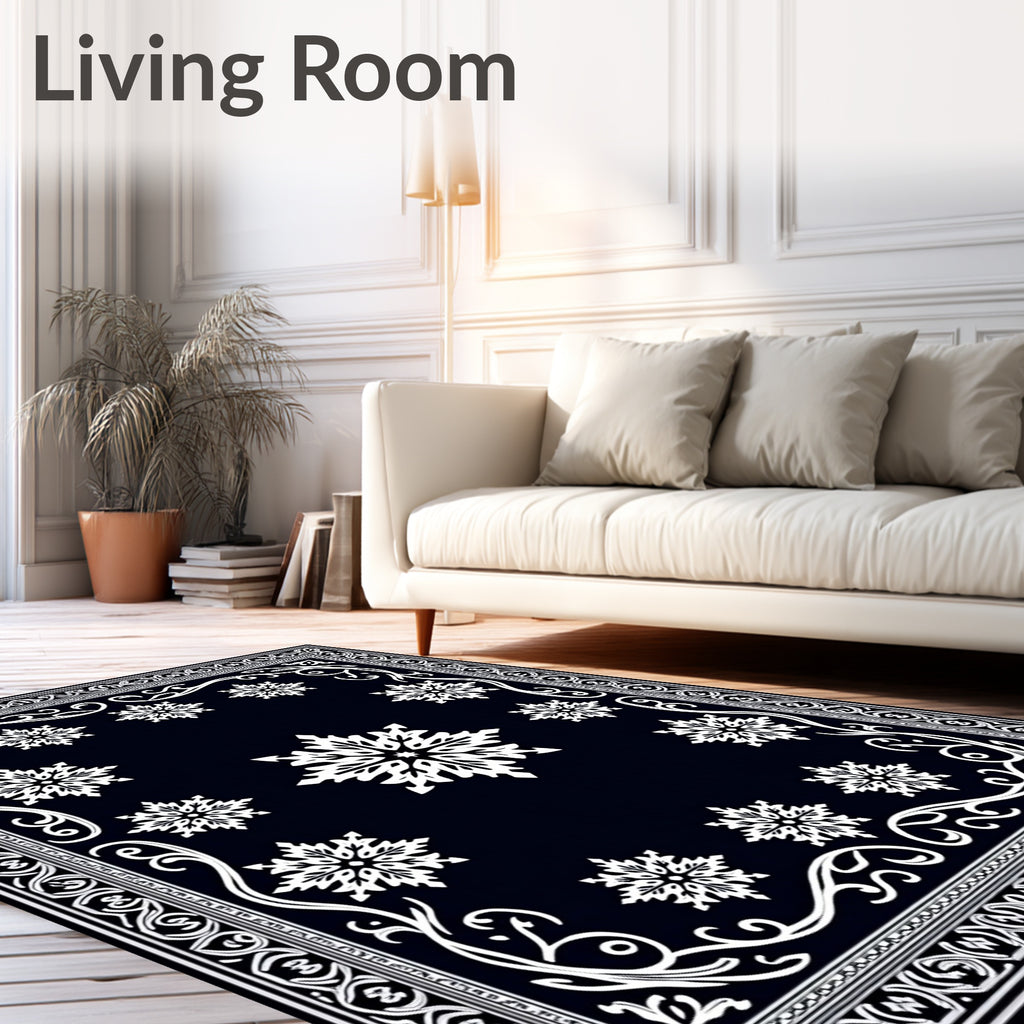 Dark Blue Snowflake Scroll Border Rug