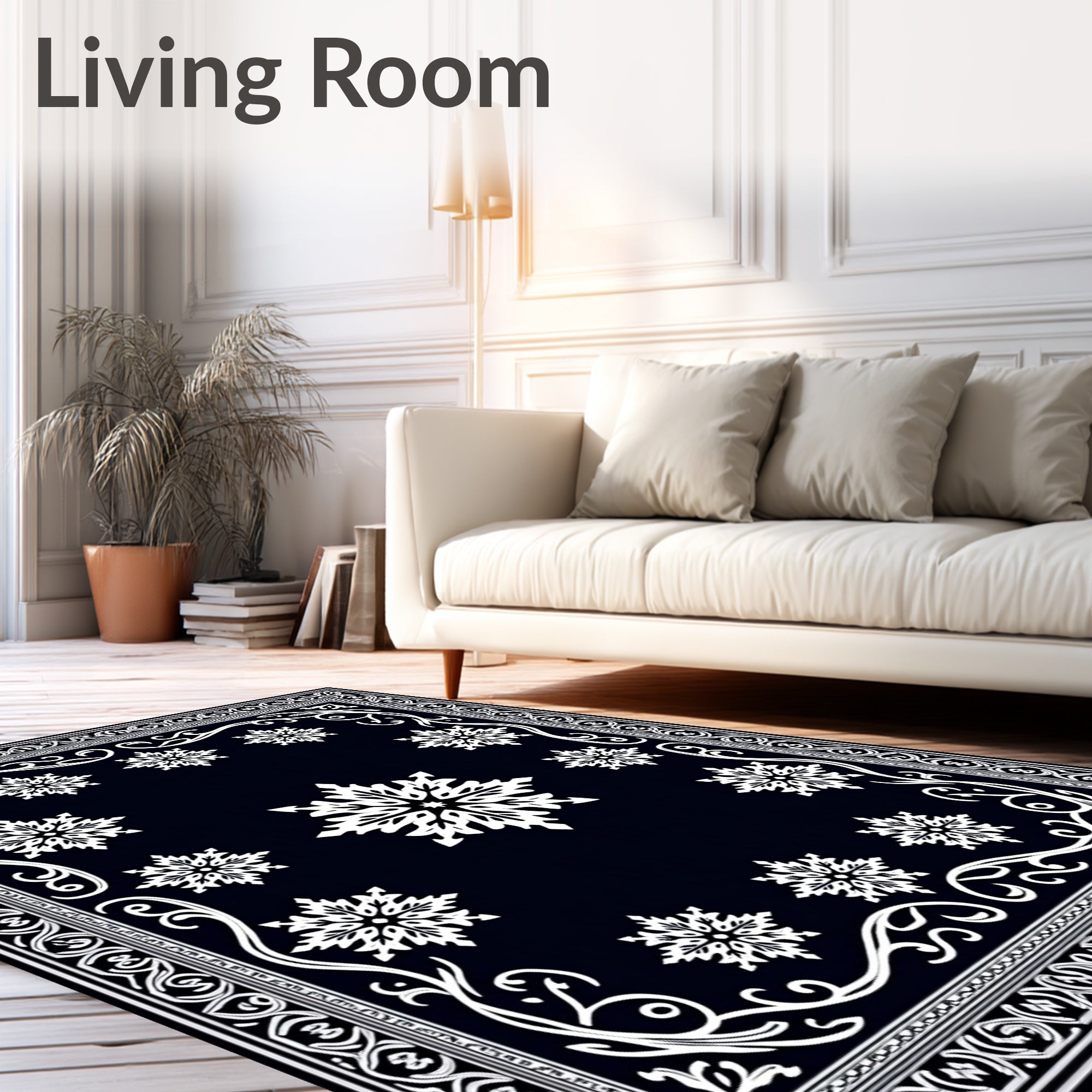 Dark Blue Snowflake Scroll Border Rug