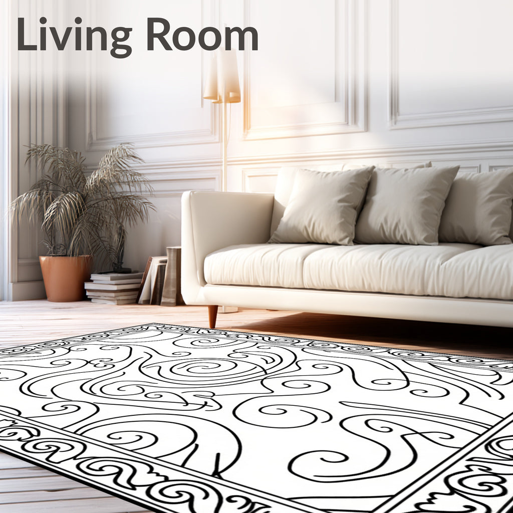 Ornate Black Curlicue Swirl Border Rug