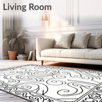 Ornate Black Curlicue Swirl Border Rug
