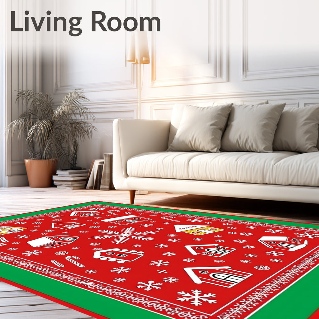 Red Gingerbread Houses Snowflake Winter Rug